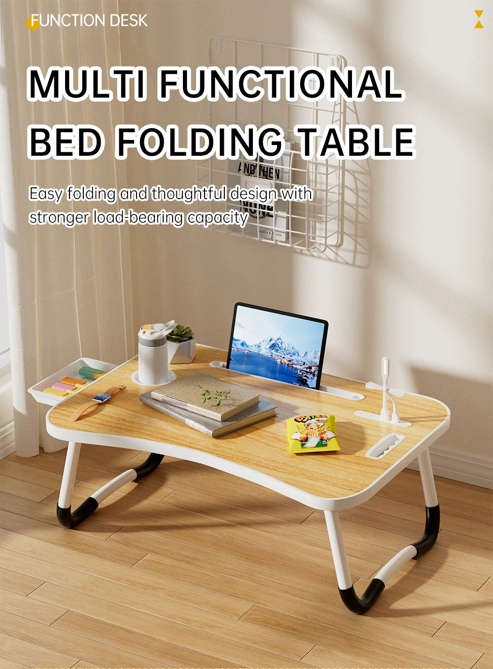 Portable Laptop Desk with USB Light, Small Fan, Cup Holder, Tablet Slot, and Lifting Handle