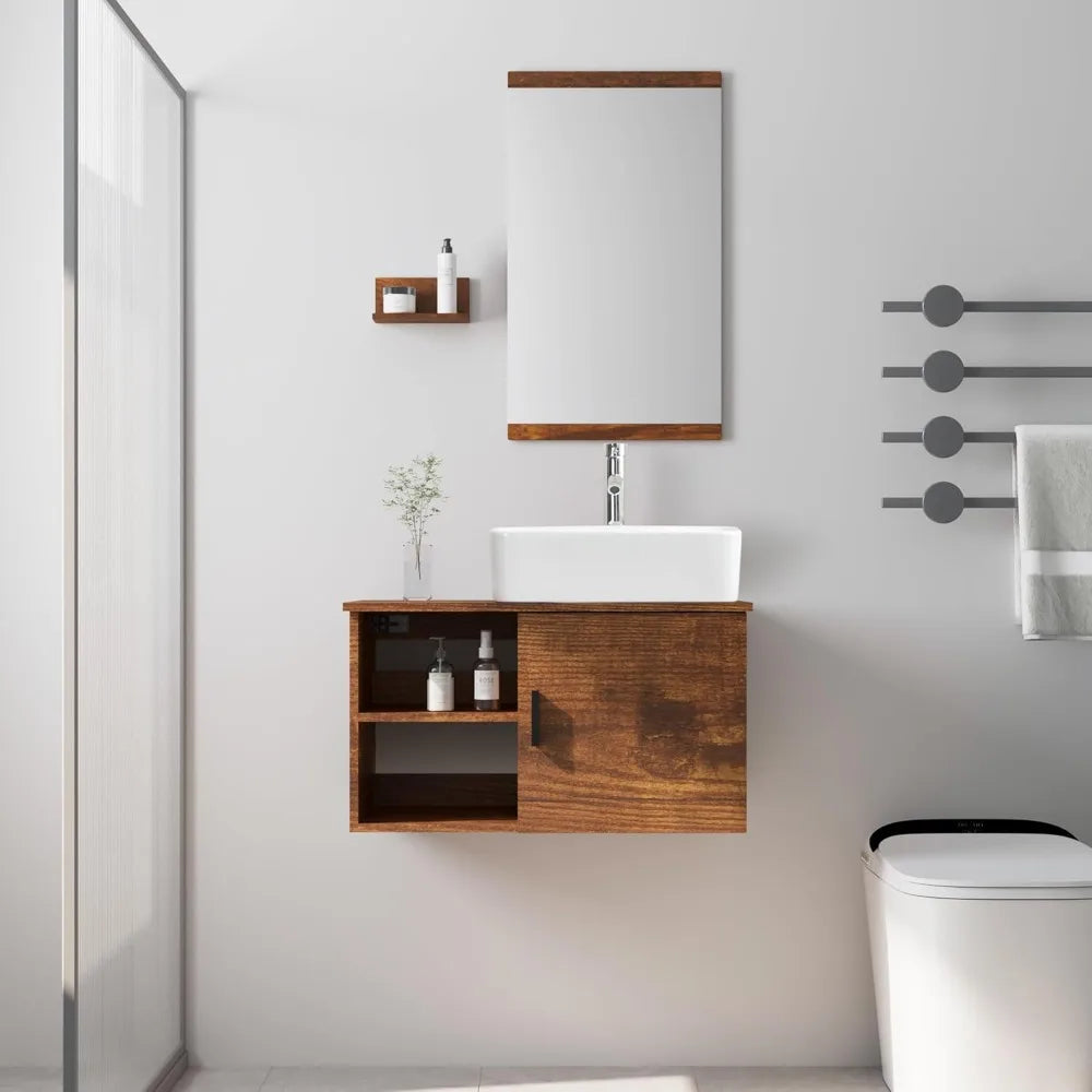 28" Bathroom Vanity Sink Combo Wall Mounted Floating Cabinet W/Open Shelves W/Mirror,  Faucet