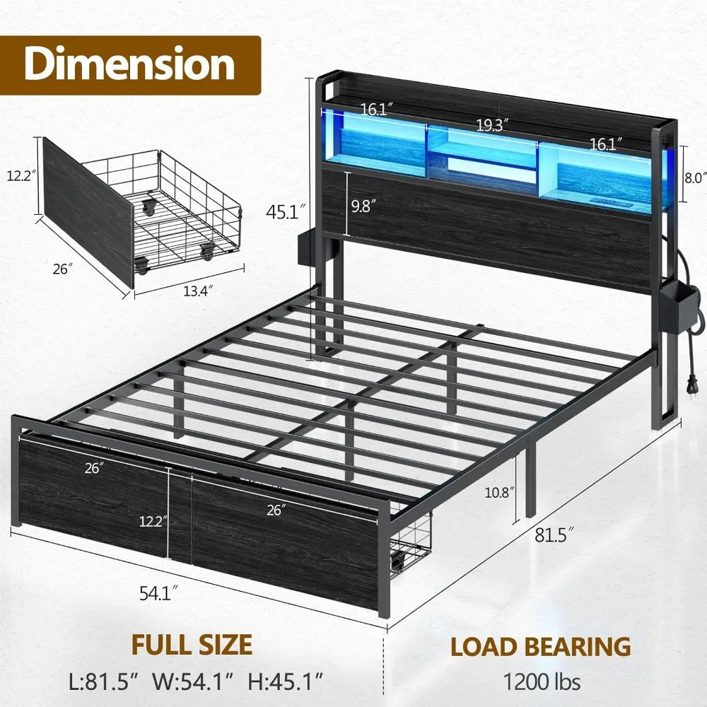 Bed Frame with Wood Headboard, Metal Platform Bed Frame Full Size with Storage Drawers and Shelf,LED Lights and Charging Station