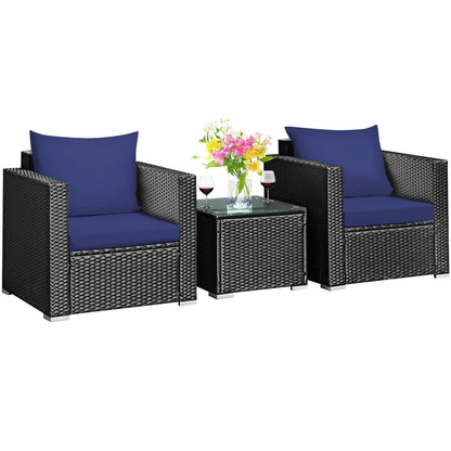 3PCS Patio Rattan Wicker Furniture Set Sofa Table W/Cushion Navy Blue