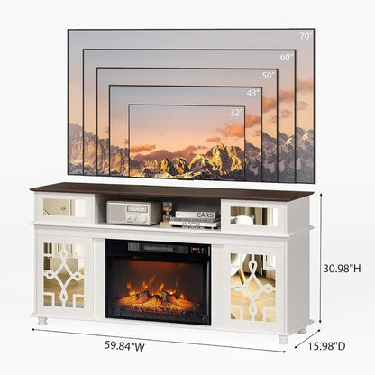 Fireplace TV Stand with Sliding Mirrored Door for TVs up to 70", Entertainment Center with Storage Cabinet and Shelves,