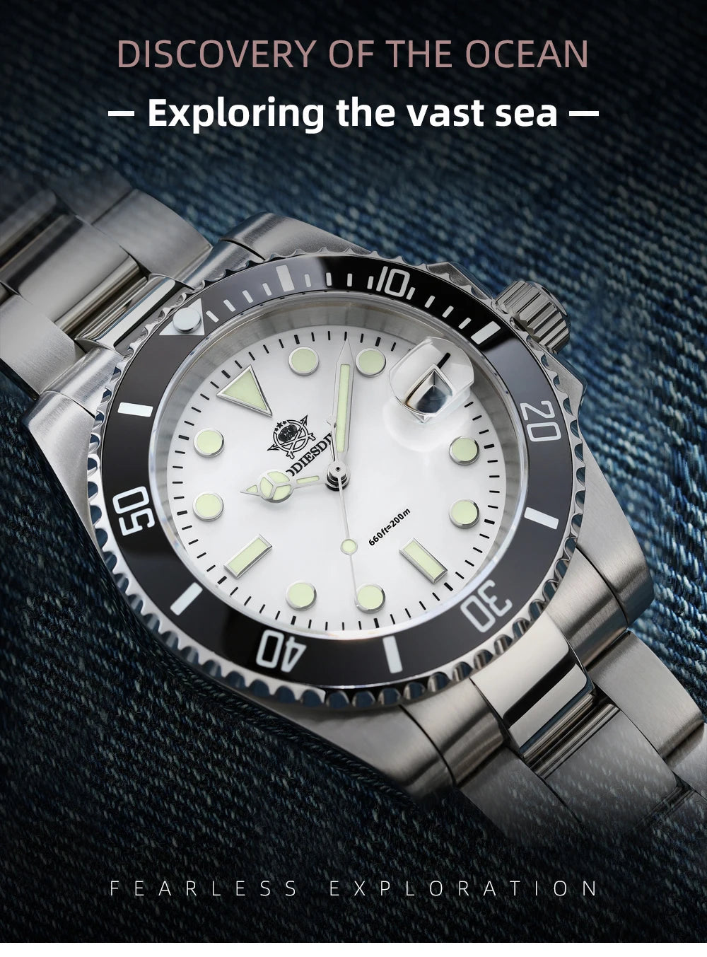 ADDIESDIVE Quartz Watch 316L Stainless Steel Windows Display Blue luminous 20Bar Ceramic Ring Waterproof Scuba