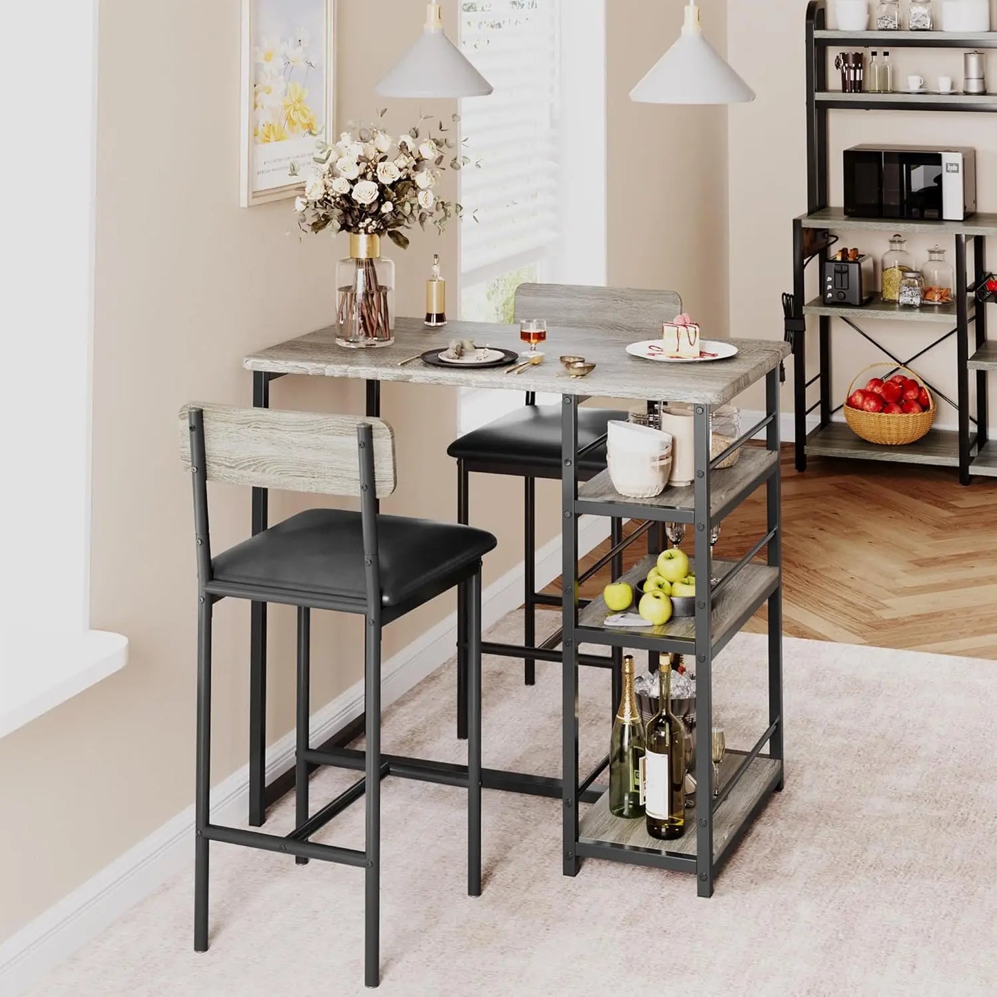3-Piece Bar Table and Chairs Set with 3 Tier Storage Shelves,  with PU Cushion Bar Chairs