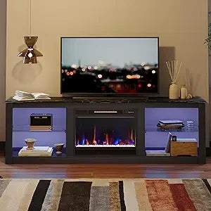 Fireplace TV Stand for 75 inch TV with 23 inch Electric Fireplace, 70 inch Entertainment Center for Living Room with LED Light