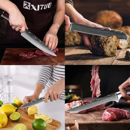 Kitchen Knife 6PCS Set Stainless Steel ,Includes Chef's Knife, Bread , Boning Knife, Fruit Knife, with Solid Wood Knife Holder