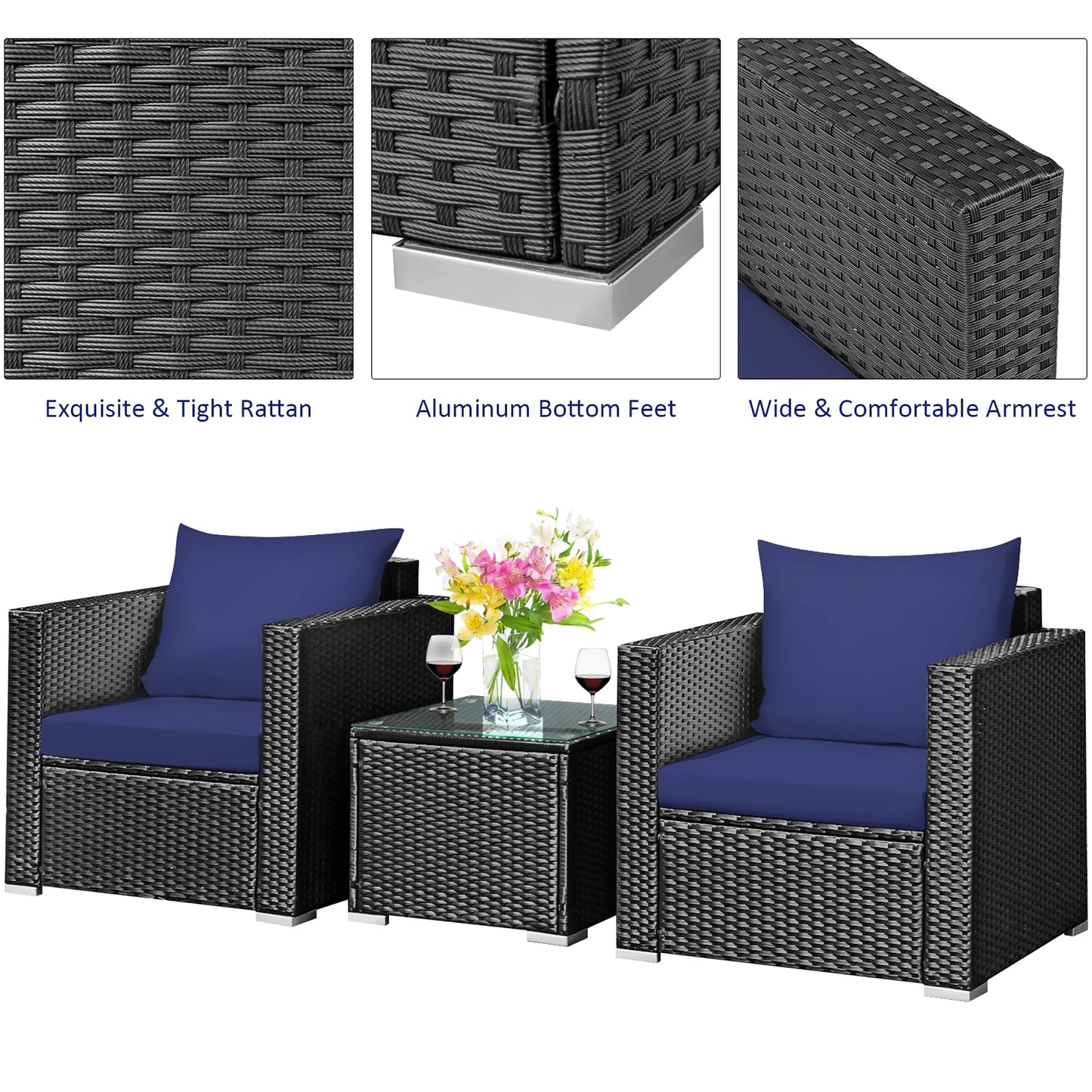 3PCS Patio Rattan Wicker Furniture Set Sofa Table W/Cushion Navy Blue