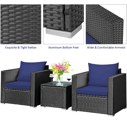 3PCS Patio Rattan Wicker Furniture Set Sofa Table W/Cushion Navy Blue
