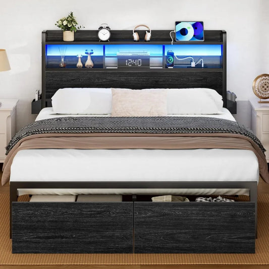 Bed Frame with Wood Headboard, Metal Platform Bed Frame Full Size with Storage Drawers and Shelf,LED Lights and Charging Station