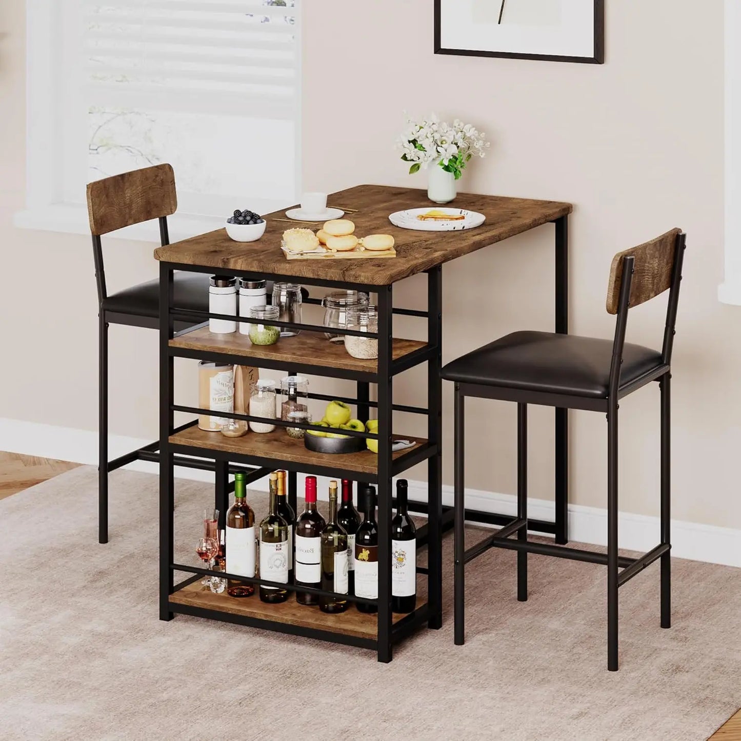 3-Piece Bar Table and Chairs Set with 3 Tier Storage Shelves,  with PU Cushion Bar Chairs