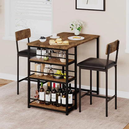 3-Piece Bar Table and Chairs Set with 3 Tier Storage Shelves,  with PU Cushion Bar Chairs