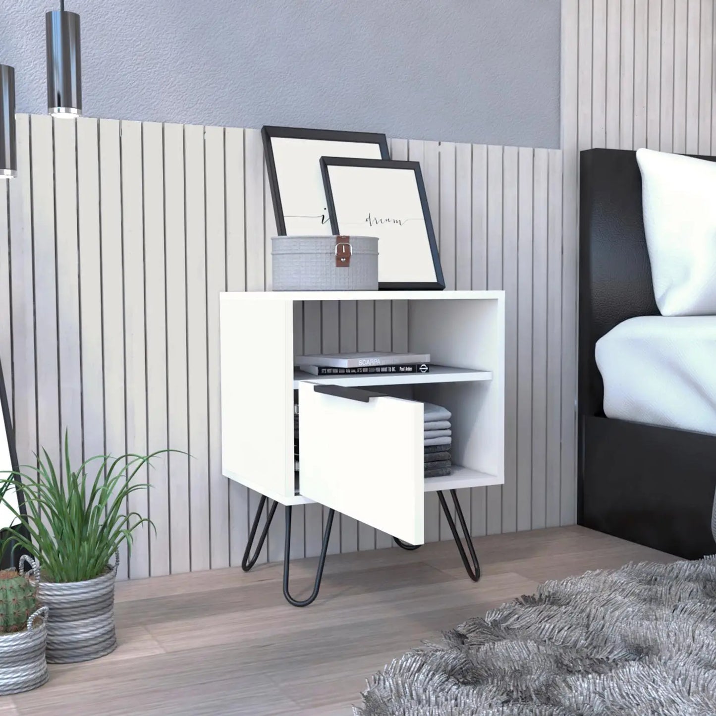 Augusta Nightstand, Single Door Cabinet, Hairpin Legs White Vintage Look
