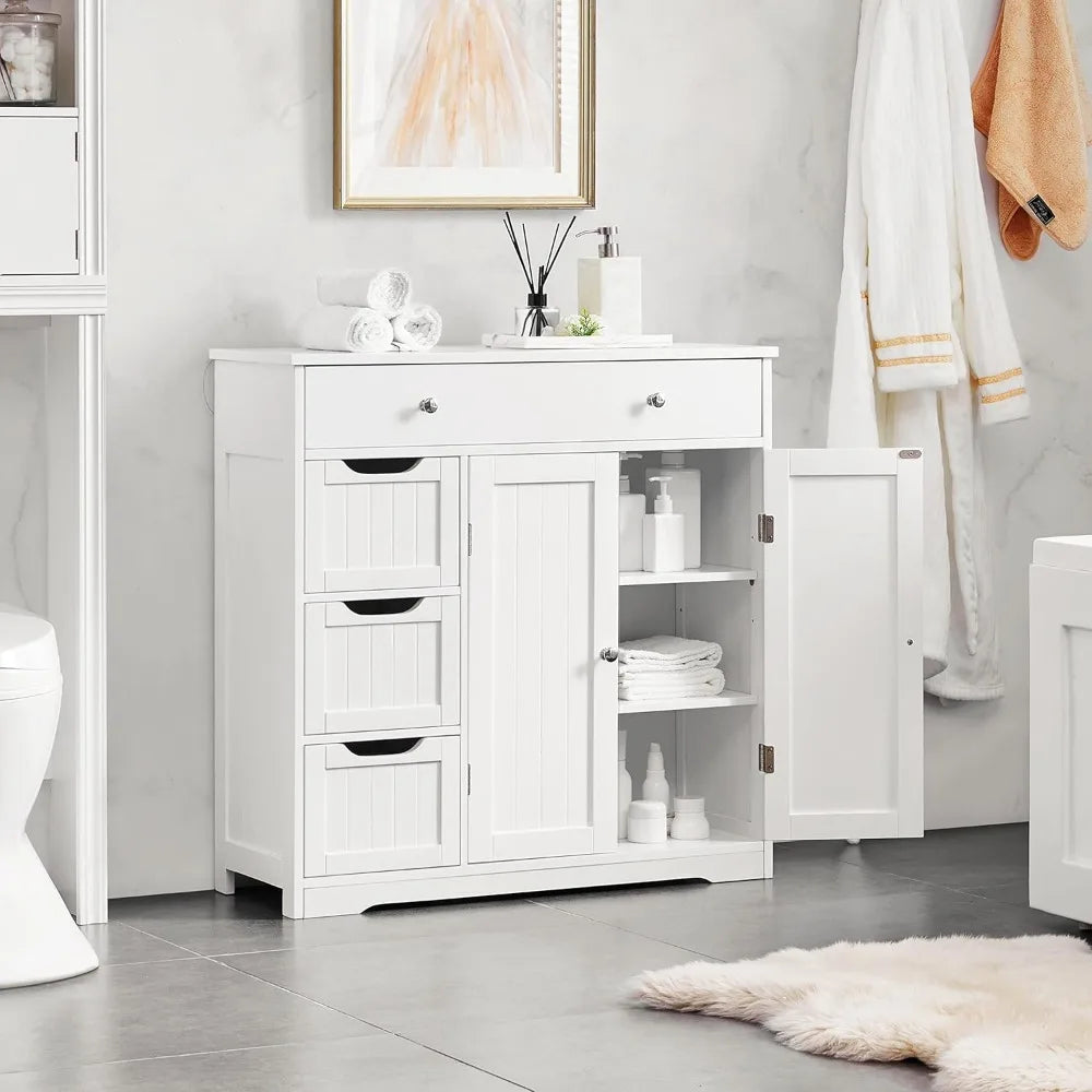 Bathroom Free-Standing Floor Cabinet, Practical Storage Cabinet with 4 Drawers and 2 Doors