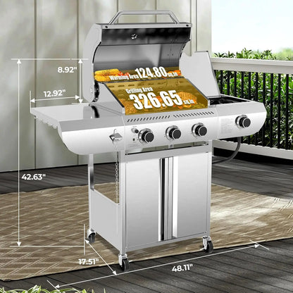 3-Burner Propane Gas Grill with Side Burner, 34,000 BTU Stainless Steel Outdoor BBQ for Camping & Parties