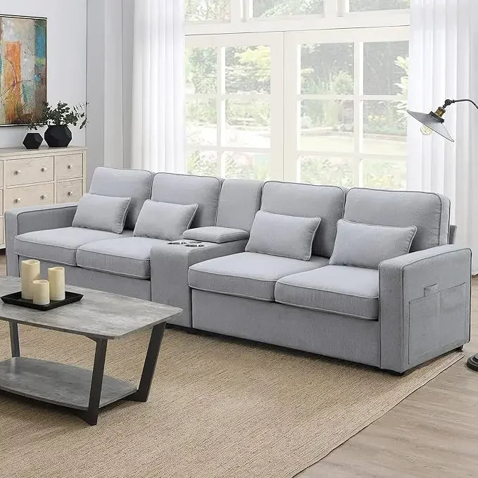 Linen Fabric Sectional Sofa with Console,114.2inch  4-Seat Couch with 4 Pillows