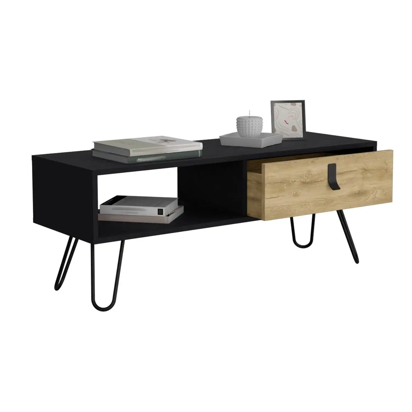 Huna Coffee Table with Hairpin Legs and Ample Storage Drawer Black / Macadamia