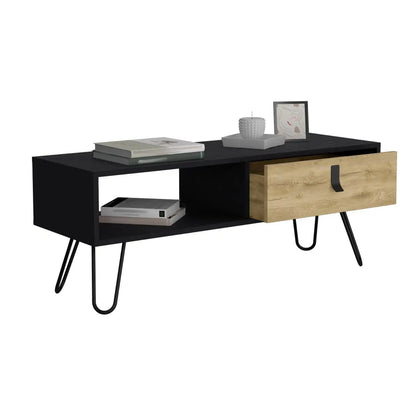 Huna Coffee Table with Hairpin Legs and Ample Storage Drawer Black / Macadamia