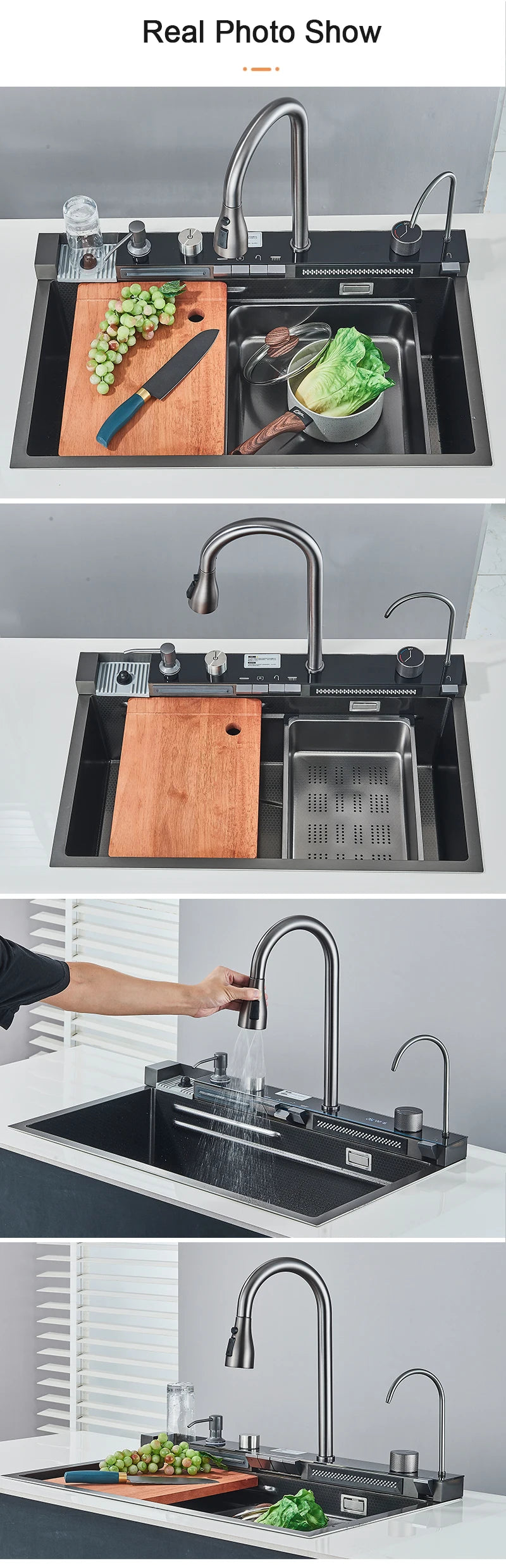 304 Stainless Steel Kitchen Sink with Digital Display Waterfall Faucet, Multifunctional Large Single Slot Whale Sink