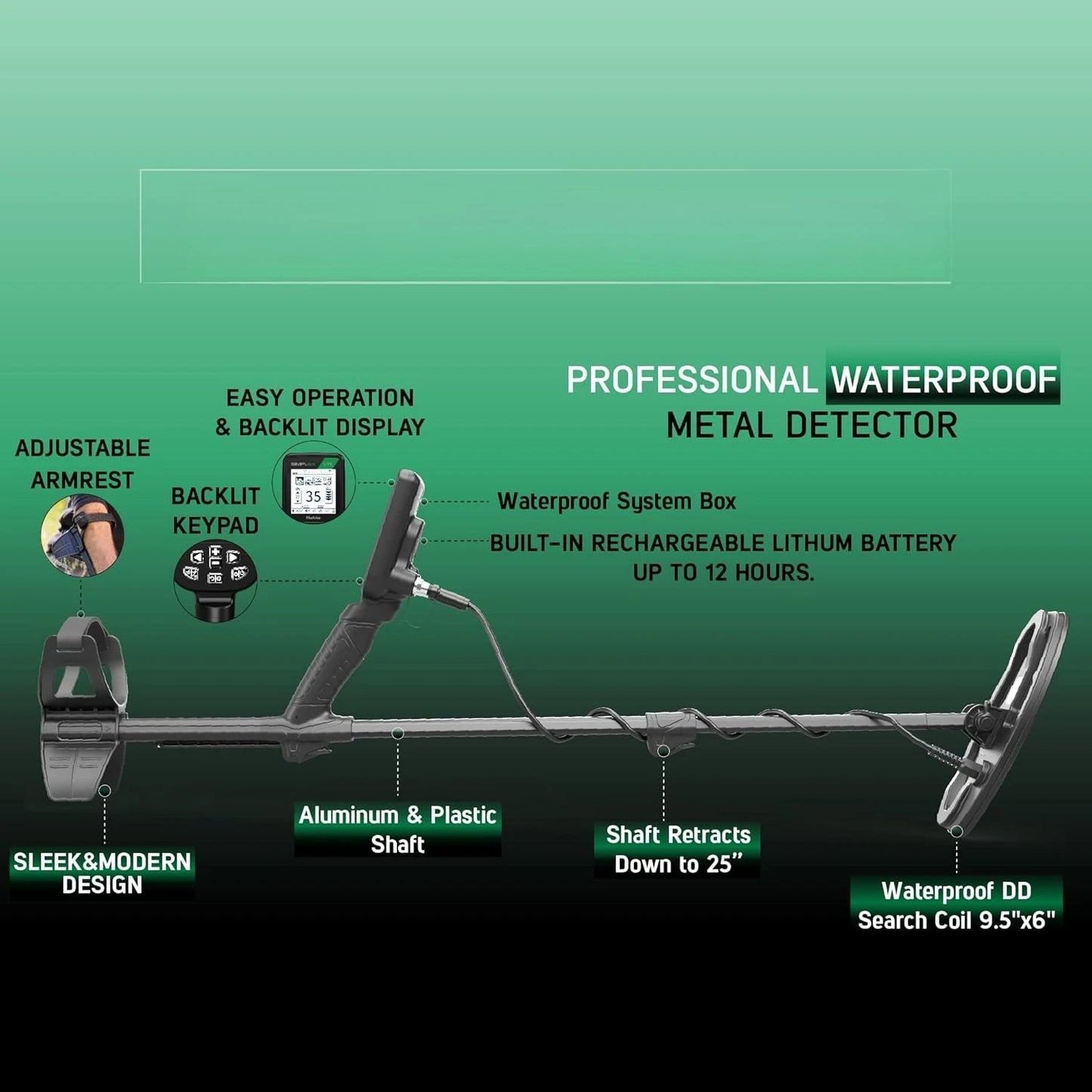 Metal Detector with 9.5” Waterproof DD Search Coil, Vibration for Detecting Underwater, Beach and All Metal Search Modes