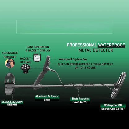 Metal Detector with 9.5” Waterproof DD Search Coil, Vibration for Detecting Underwater, Beach and All Metal Search Modes