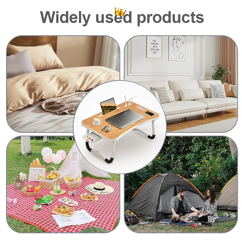 Portable Laptop Desk with USB Light, Small Fan, Cup Holder, Tablet Slot, and Lifting Handle