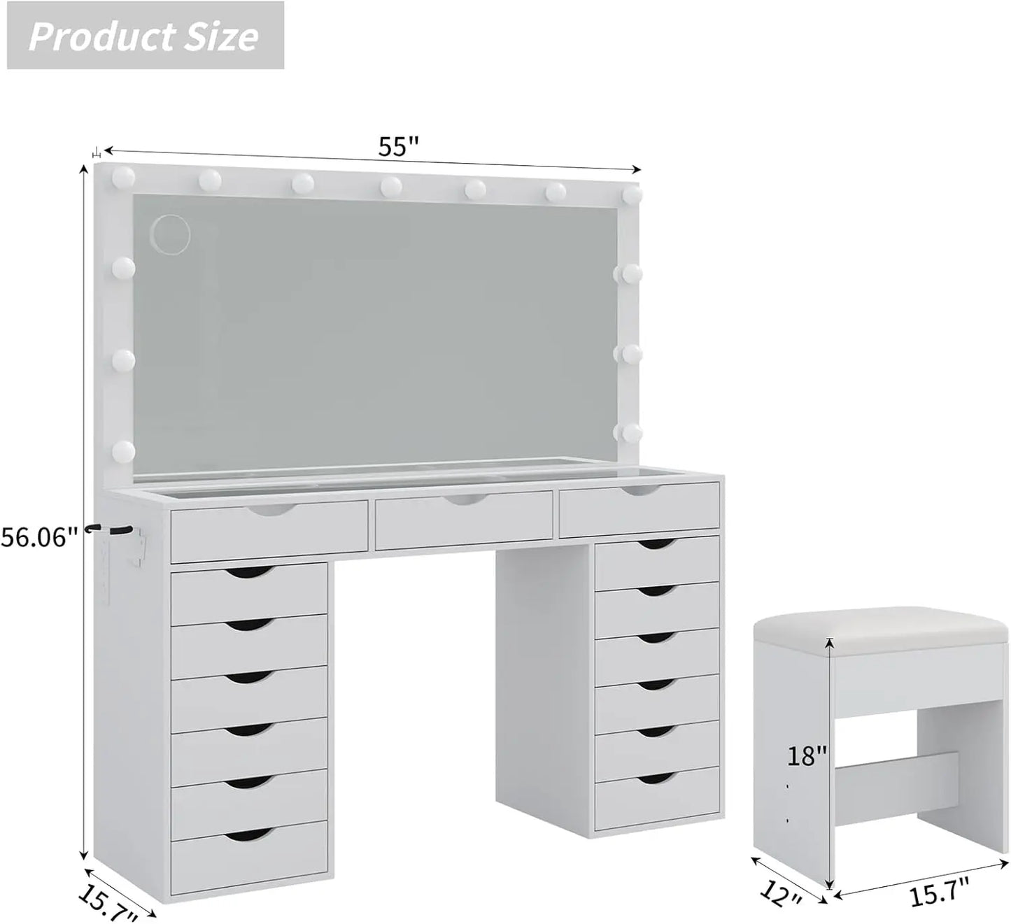 Vanity Desk with Mirror and Lights, with Charging Station, 15 Drawers