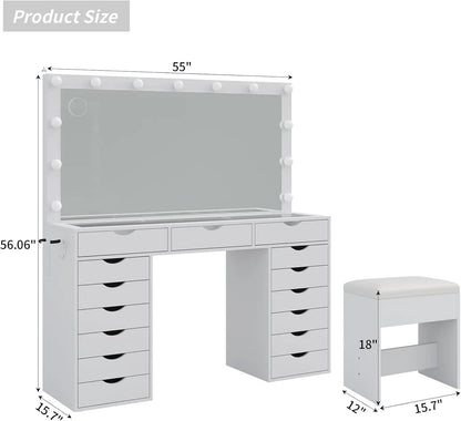 Vanity Desk with Mirror and Lights, with Charging Station, 15 Drawers