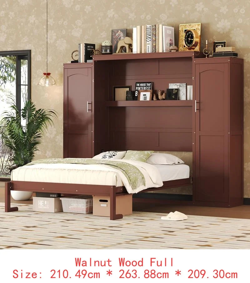 Queen Size Murphy Bed with 2 Wardrobes and Storage Shelf, Multifunctional Foldable Bed Frame for Guest Room and Bedroom, White