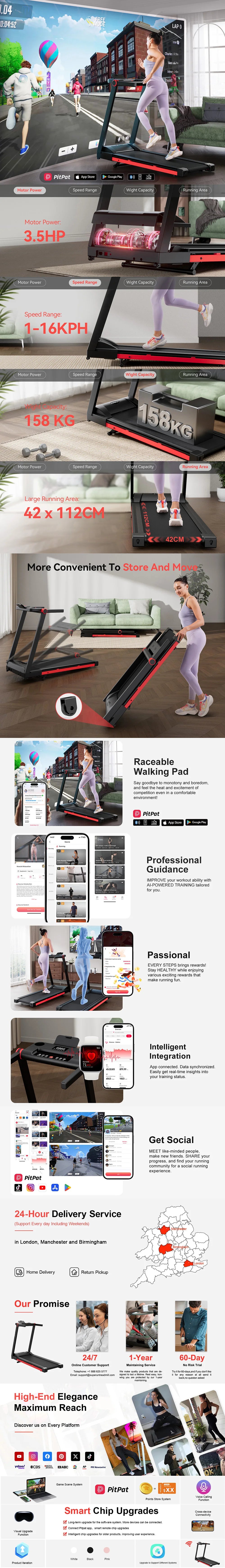 3.5HP Foldable Incline Home Treadmill  with Handle Bar Holder 350LBS Capacity Touch Screen Smart App Data Monitoring