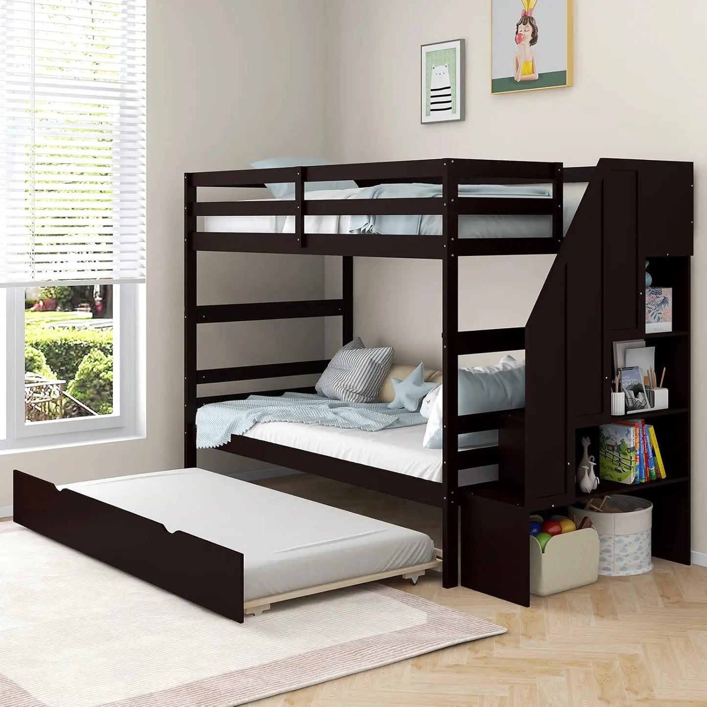 Twin Over Twin Bunk Bed with Trundle and Stairs, Solid Wood Bunk Bed Frame with Storage Shelf, Bunk Beds Detachable,