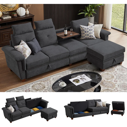 110" Sectional Sofa, Convertible L Shaped Sofa with Ottoman and Large Storage, 4 Seat Sectional with Cup Holder