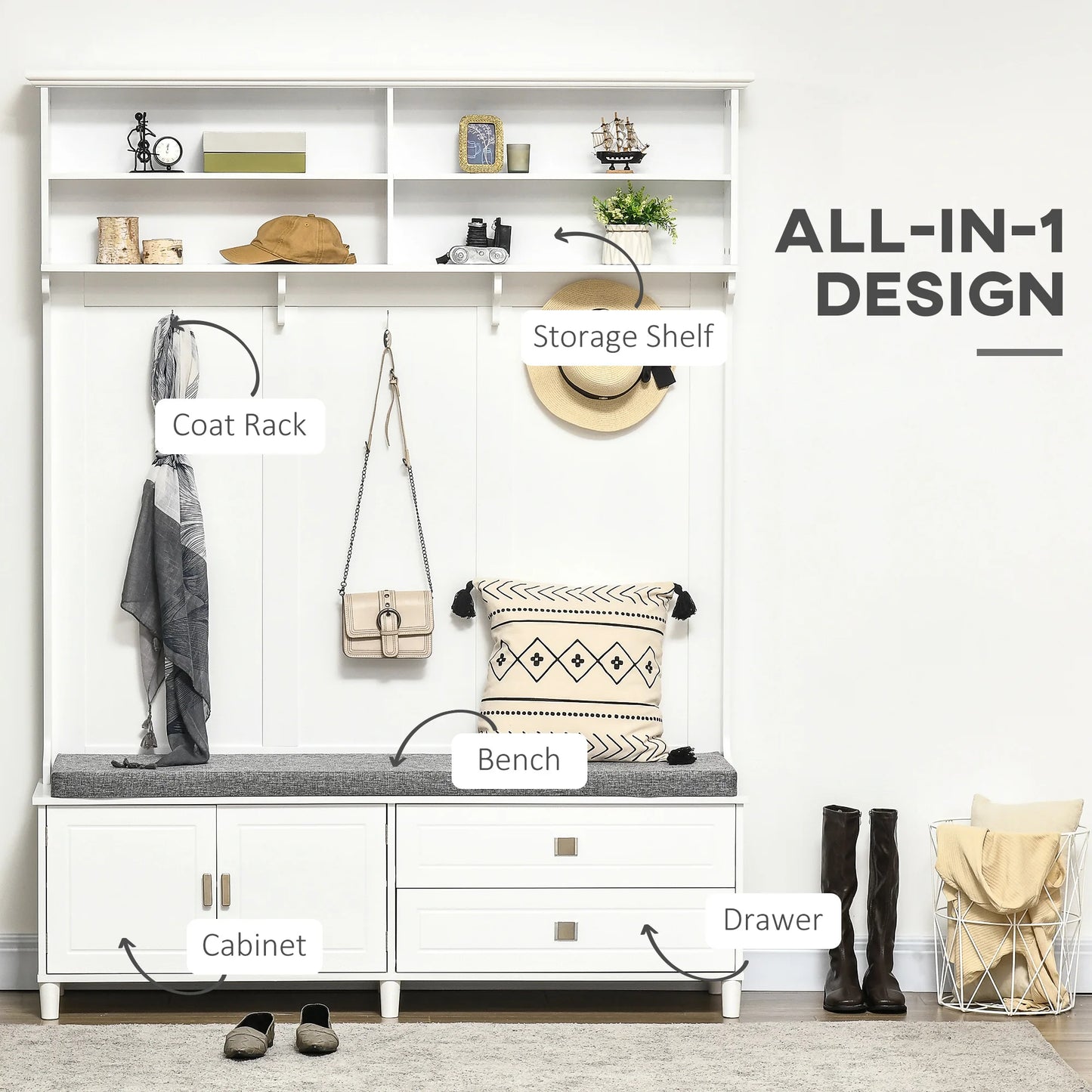 Hall Tree with Storage Bench with Storage Shelves, Cabinet and Drawers White