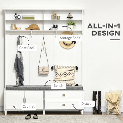Hall Tree with Storage Bench with Storage Shelves, Cabinet and Drawers White