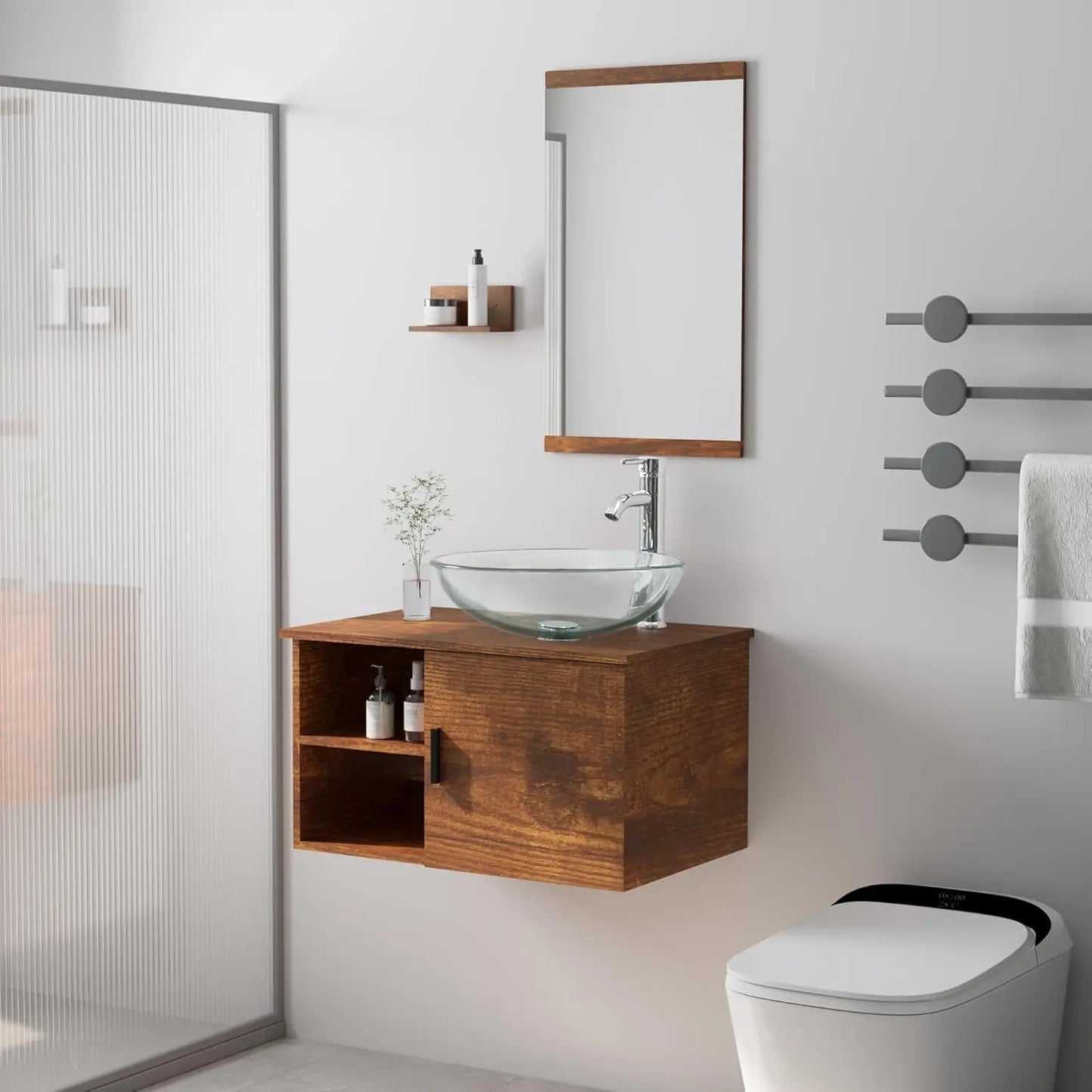 28" Bathroom Vanity Sink Combo Wall Mounted Floating Cabinet W/Open Shelves W/Mirror,  Faucet