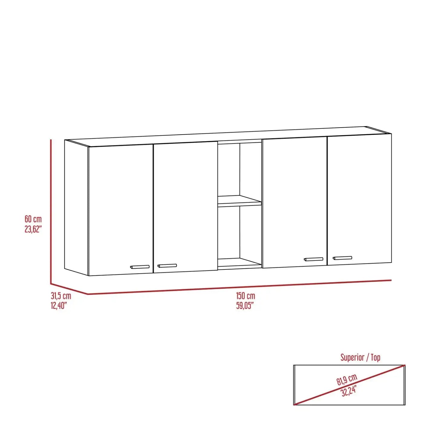Portofino 150 Wall Cabinet,  Double Door, Two External Shelves, Two Interior Shelves Black Kitchen Cabinet