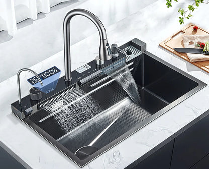 304 Stainless Steel Kitchen Sink with Digital Display Waterfall Faucet, Multifunctional Large Single Slot Whale Sink
