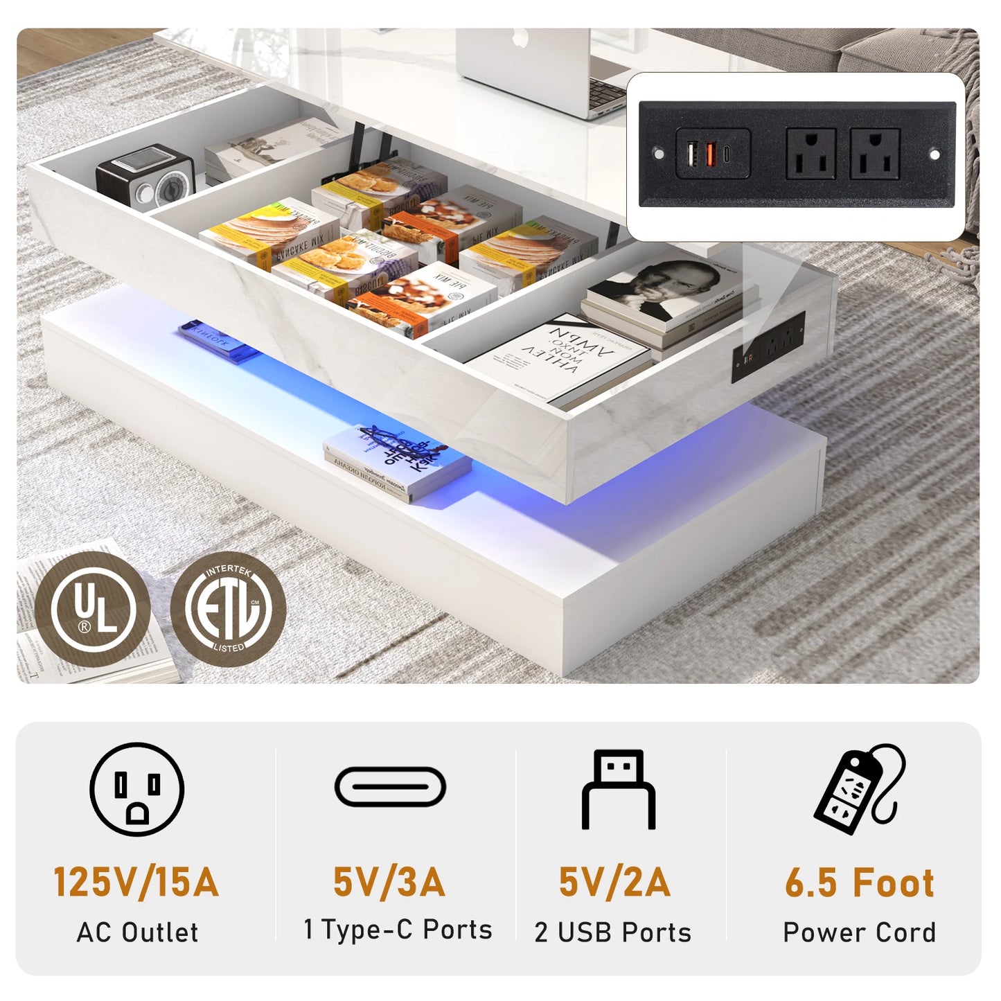 High Glossy LED Coffee TableOpen Display Shelf & Large Storage Space