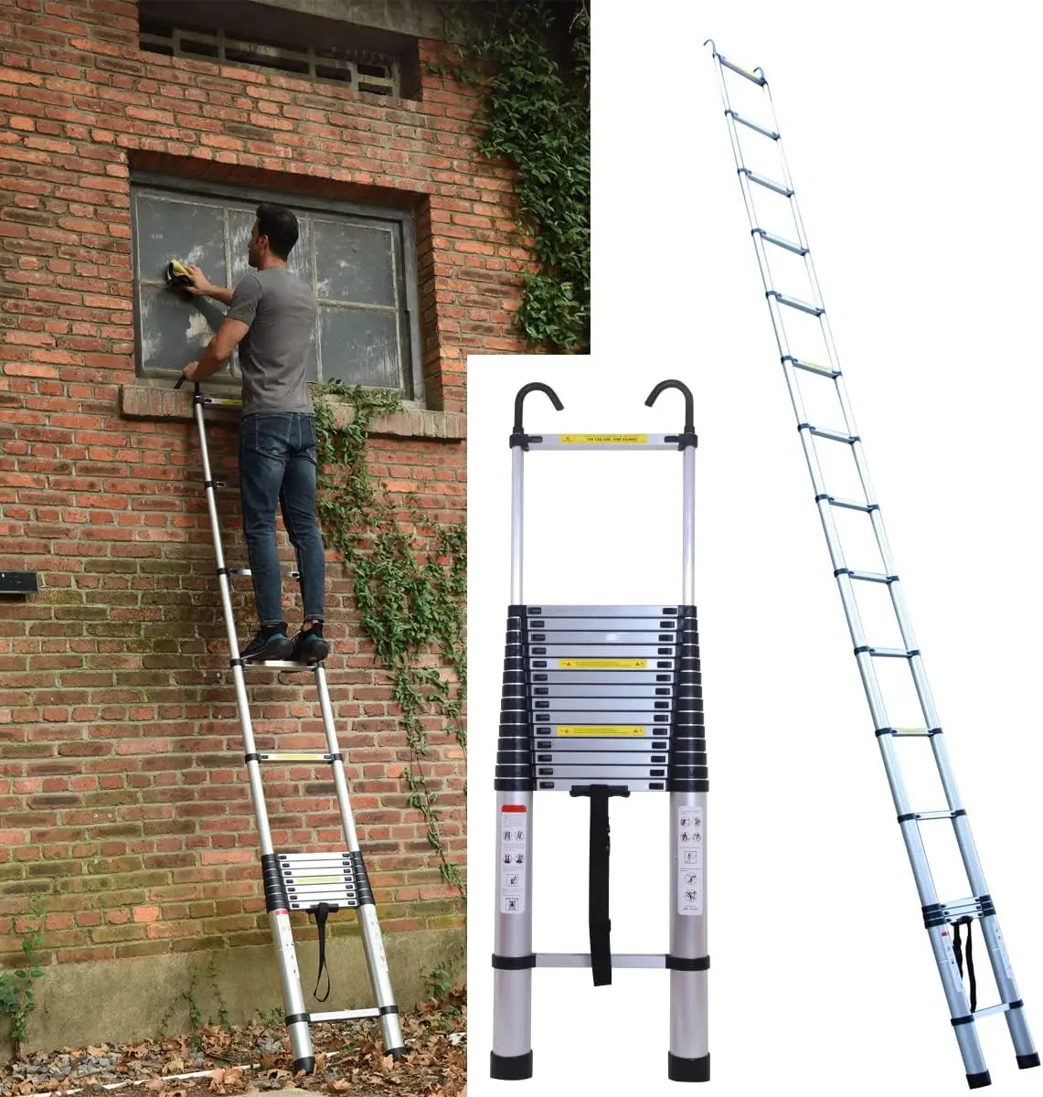Telescopic Collapsible Ladder with Detachable Hooks & Extendable Steps Non-Slip Feet