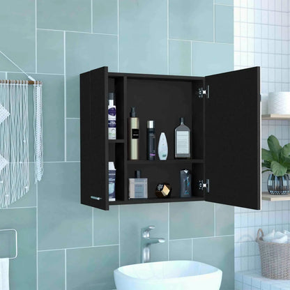 Sines Medicine Cabinet, Four Internal Shelves, Double Door Black Surface Mount