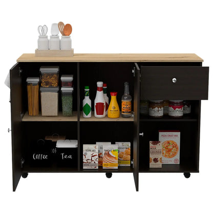 Kitchen Island Cart Victoria, Four Interior Shelves, Six Carters, One Drawer, Double Door Cabinet Black