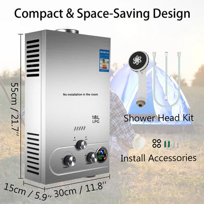 6L-18L LPG Gas Tankless Hot Water Heater Outdoor Use;  Stainless Steel Camping W/Shower Kit LPG Water Heater