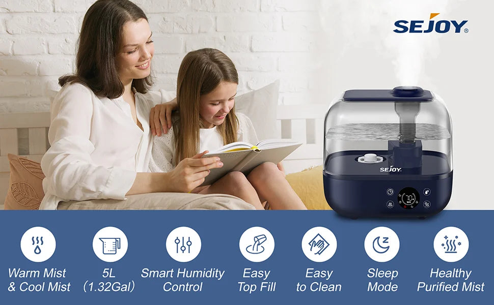 SEJOY 5L Humidifiers for Bedroom Large Capacity Low Noise for Home Office Ultrasonic Mist Humidifier