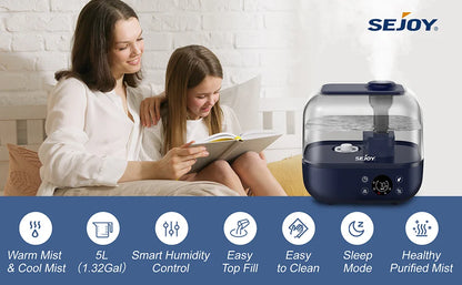 SEJOY 5L Humidifiers for Bedroom Large Capacity Low Noise for Home Office Ultrasonic Mist Humidifier