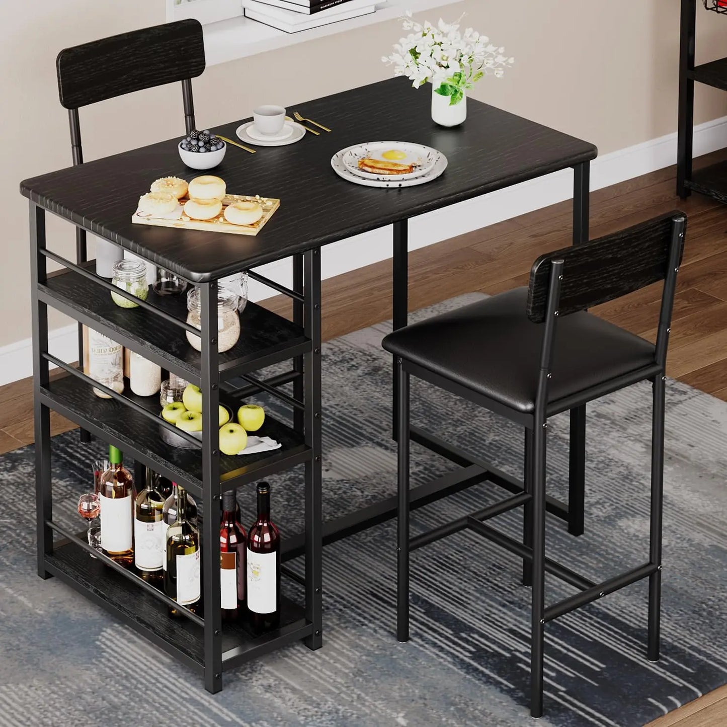 3-Piece Bar Table and Chairs Set with 3 Tier Storage Shelves,  with PU Cushion Bar Chairs
