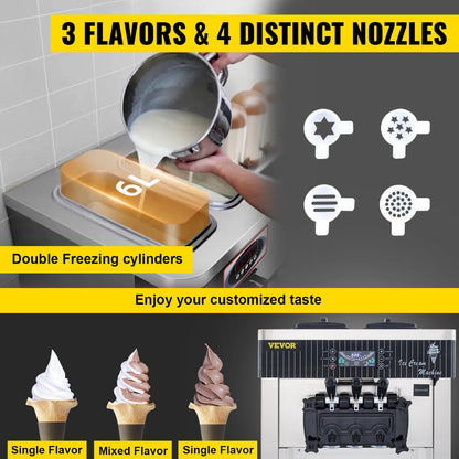 Sihao 2200W Ice Cream Machine 5.3-7.4Gal/H Soft Serve with LED Display Auto Clean 3 Flavors