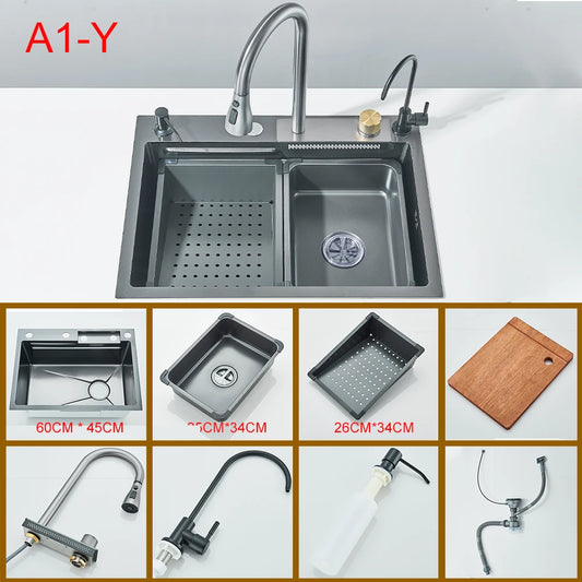 Multifunctional Kitchen Waterfall Sink Digital Display; 304 Stainless Steel