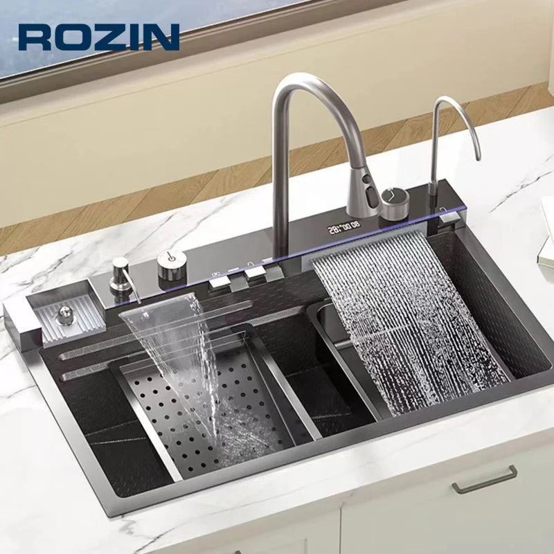 304 Stainless Steel Kitchen Sink with Digital Display Waterfall Faucet, Multifunctional Large Single Slot Whale Sink