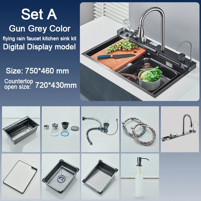 304 Stainless Steel Kitchen Sink with Digital Display Waterfall Faucet, Multifunctional Large Single Slot Whale Sink