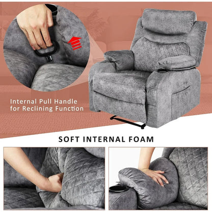 Overstuffed Massage Recliner Chair with Heat Fabric Massaging Manual Recliner with Cup Holders
