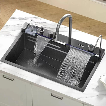 304 Stainless Steel Kitchen Sink with Digital Display Waterfall Faucet, Multifunctional Large Single Slot Whale Sink