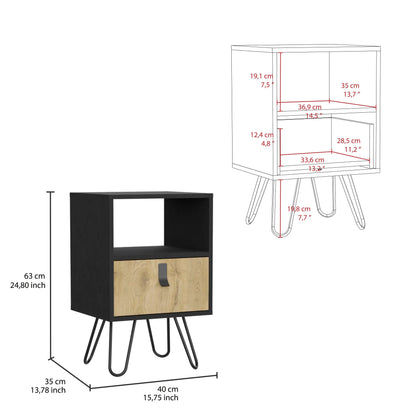 Huna Nightstand, Stylish Storage with Hairpin Leg, Open Shelf and Drawer Black / Macadamia
